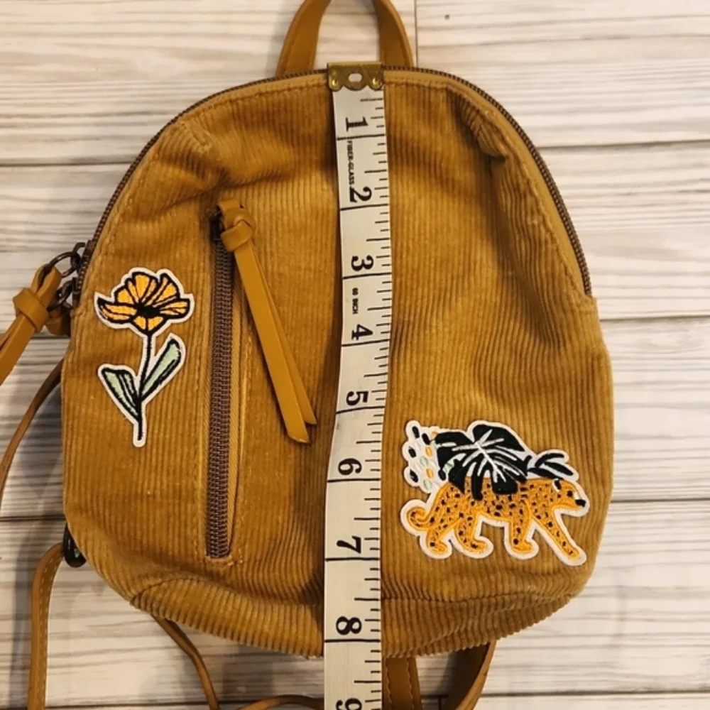 Mustard Corduroy Mini Backpack with Floral & Leopard Patches